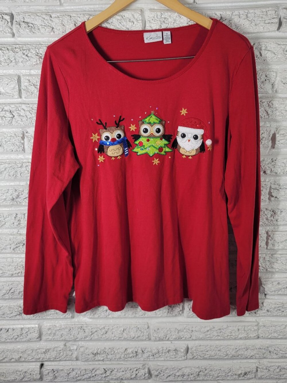 Kim‎ Rogers Christmas Tee 1X Red Embroidered Owl Sequin Long Sleeve Plus NOV122E